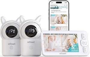 ieGeek Baby Monitor with 2 Cameras, 5" Screen & 1080P Split Screen, Night Vision, PTZ, 2-Way Audio, Auto Tracking, No WiFi Needed