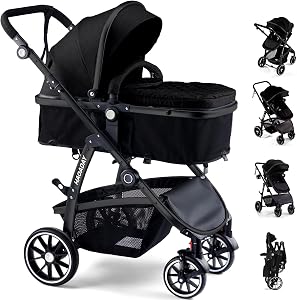 Baby Stroller, 2-in-1 Reversible Toddler Seat with Lie-Flat Mode, Foldable Infant Stroller